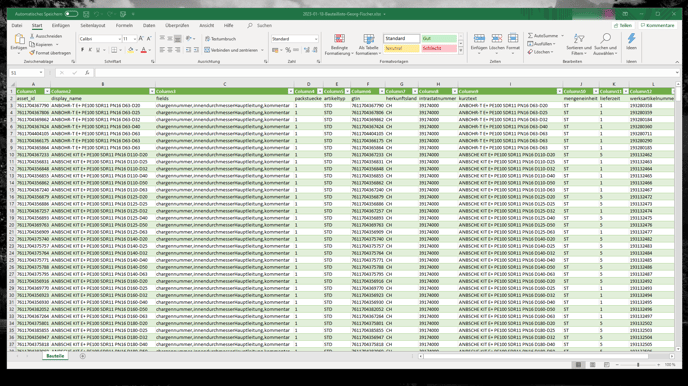 Beispiel einer CSV-Tabelle in Excel – hier mit Bauteilen