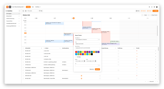 Vaira Office: Vorgangsliste mit Kalender und geöffnetem Dialog Neuer Termin