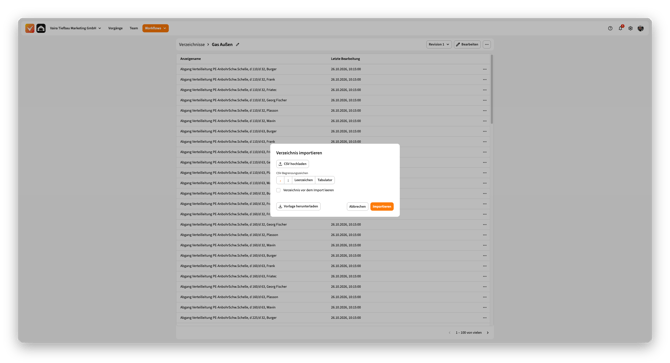 Dialog zum Importieren mit CSV hochladen, Begrenzungszeichen und Vorlage herunterladen