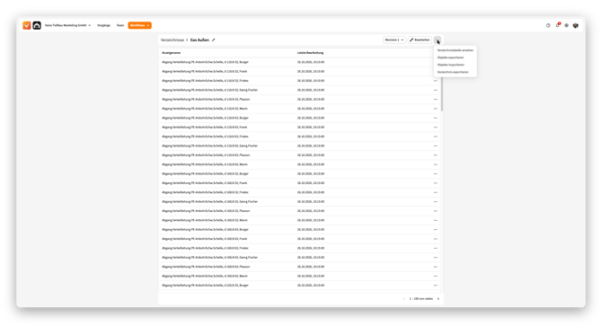 Geöffnetes Drei-Punkte-Menü mit den Einträgen Verzeichnistabelle ansehen, Objekte exportieren, Objekte importieren und Verzeichnis exportieren